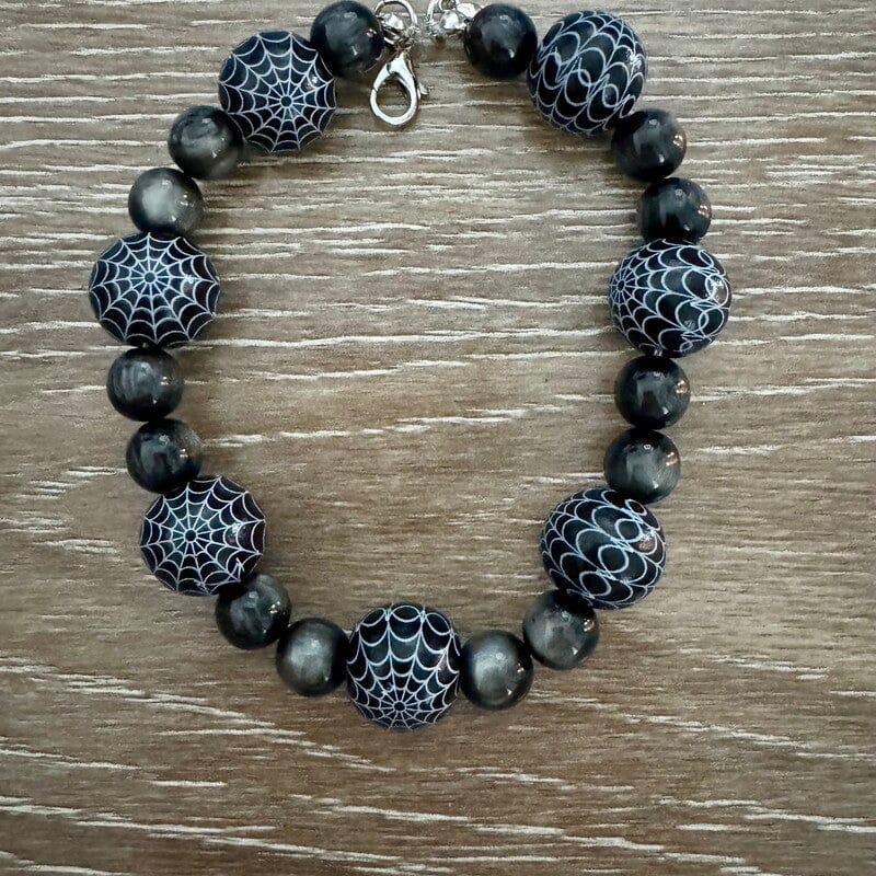 Spiderweb beaded hat chain with grey marbled and black web-print beads by On A Whim Hats