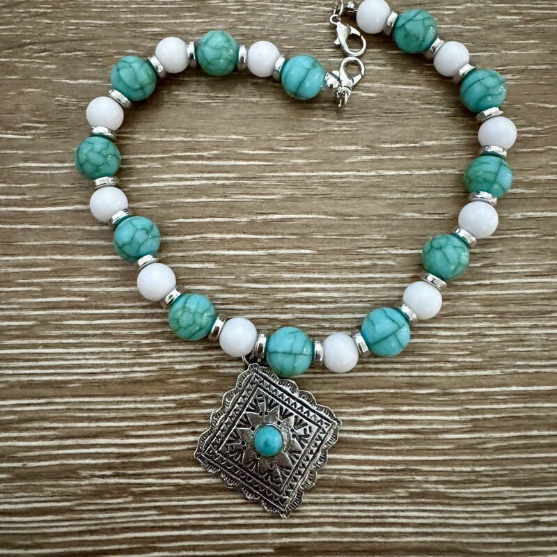 Turquoise bead concho hat chain with marbled turquoise and white beads and silver concho charm