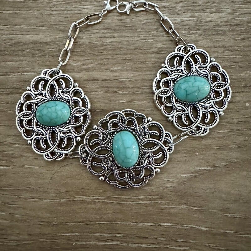Turquoise filigree hat chain with three ornate silver-tone medallions set with oval turquoise stones