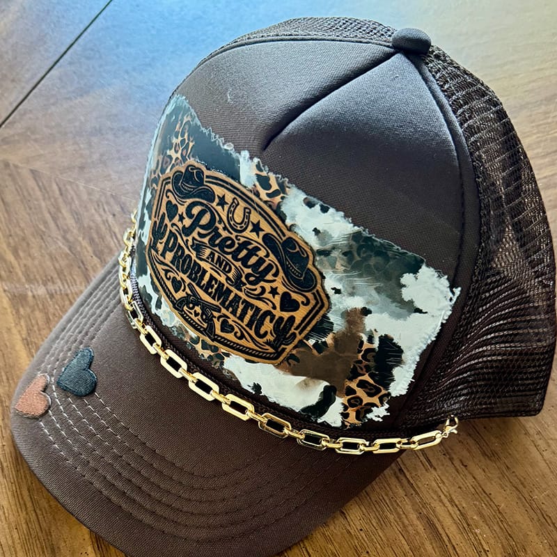 On A Whim Hats Pretty and Problematic Handmade Trucker Hat w/ Leather Patch