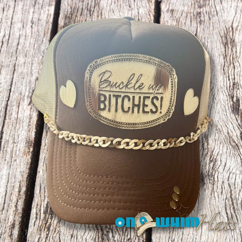 On A Whim Hats Buckle Up Handmade Trucker Hat w/ Cowhide Patch