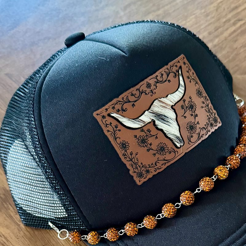 On A Whim Hats Bull-Headed Handmade Trucker Hat w/ Genuine Cowhide and Leather Patch