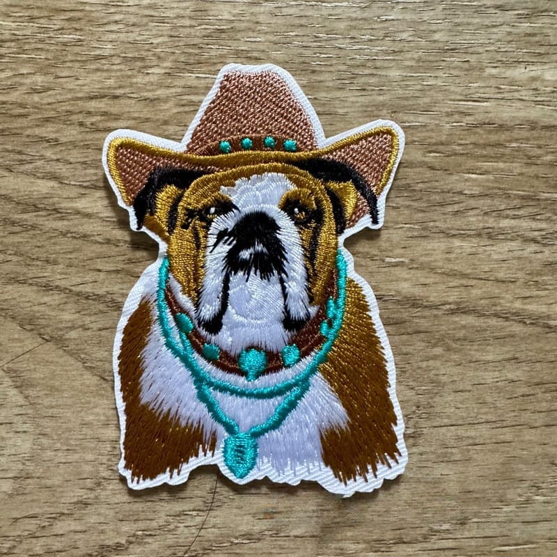 On A Whim Hats Bulldog Cowboy Embroidered Iron-On Patch