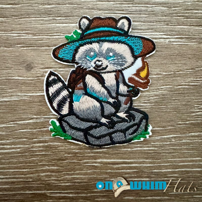 On A Whim Hats Camping Raccoon Iron-On Patch