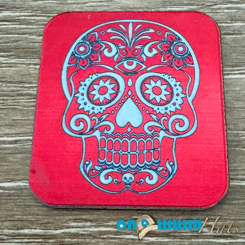 On A Whim Hats Candy Skull Acrylic Iron-On Patch - Red