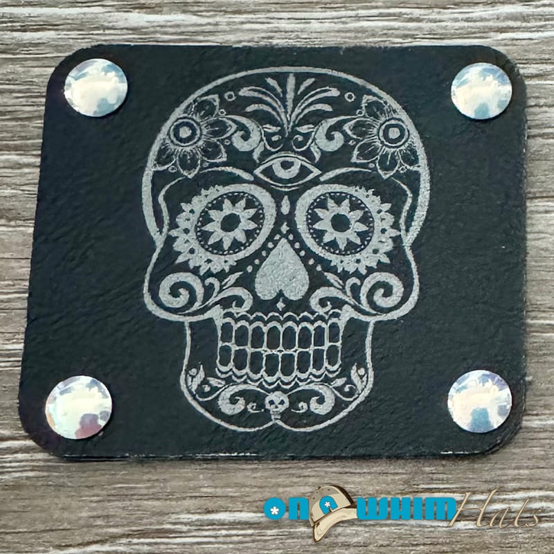 On A Whim Hats Candy Skull Leather Iron-On Patch with Studs - Black