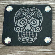 On A Whim Hats Candy Skull Leather Iron-On Patch with Studs - Black