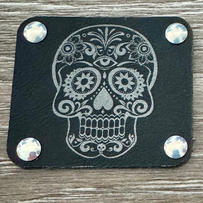 On A Whim Hats Candy Skull Leather Iron-On Patch with Studs - Black