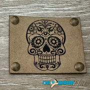 On A Whim Hats Candy Skull Leather Iron-On Patch with Studs - Tan