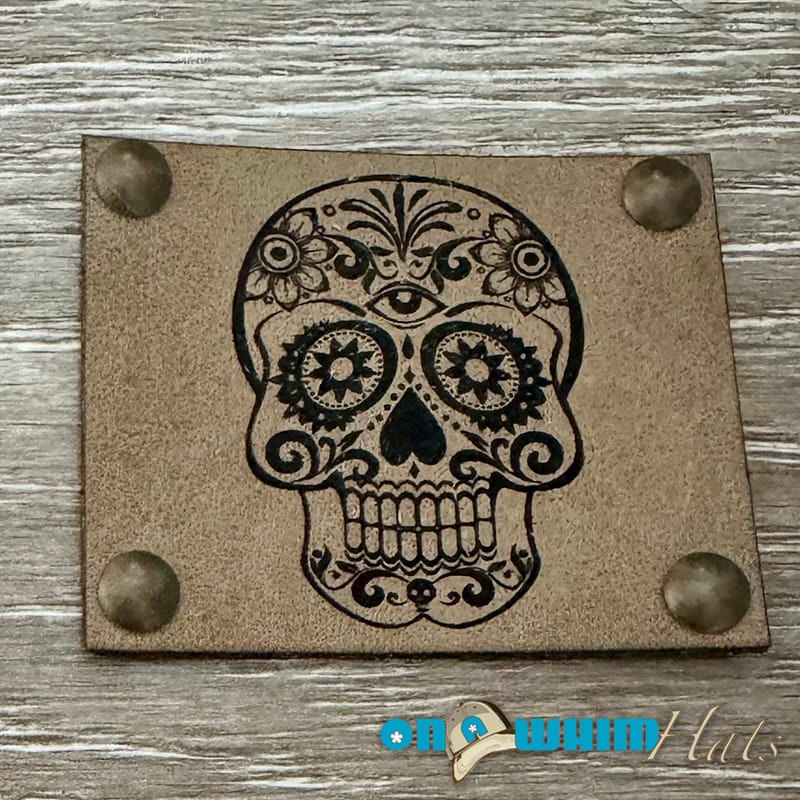 On A Whim Hats Candy Skull Leather Iron-On Patch with Studs - Tan