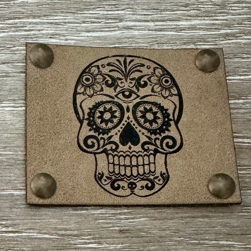 On A Whim Hats Candy Skull Leather Iron-On Patch with Studs - Tan