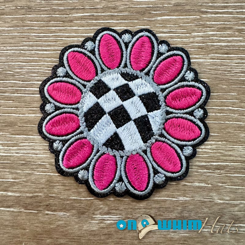 On A Whim Hats Checkered Pink Flower Iron-On Patch