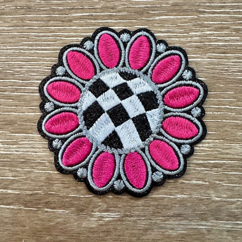 On A Whim Hats Checkered Pink Flower Iron-On Patch