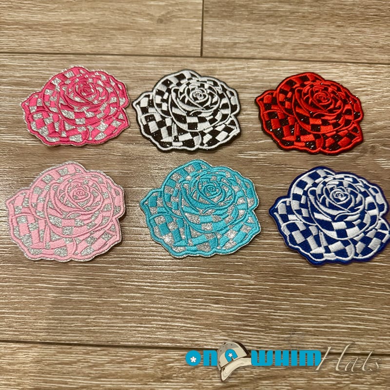 On A Whim Hats Checkered Rose Iron-On Patch