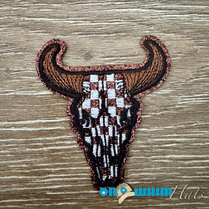 On A Whim Hats Checkered Steerhead  Iron-On Patch