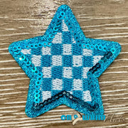 On A Whim Hats Checkered Turquoise Sequin Iron-On Patch