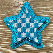 On A Whim Hats Checkered Turquoise Sequin Iron-On Patch