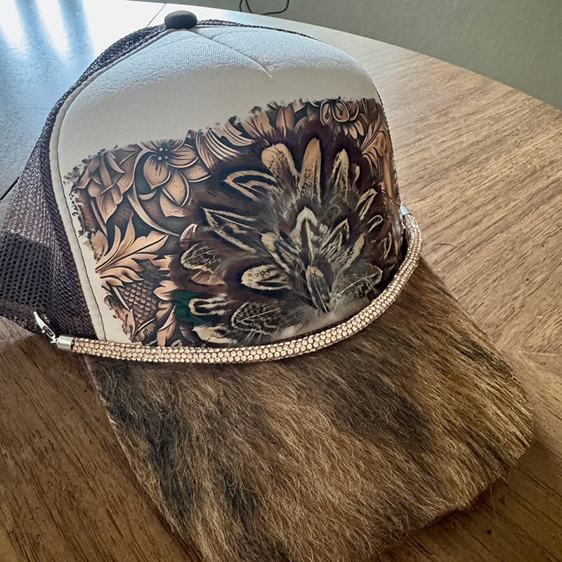 On A Whim Hats Classic Beauty Handmade Trucker Hat w/ Genuine Feather Patch and Cowhide Brim
