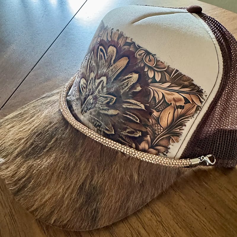 On A Whim Hats Classic Beauty Handmade Trucker Hat w/ Genuine Feather Patch and Cowhide Brim