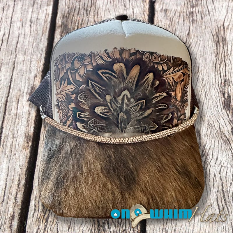 On A Whim Hats Classic Beauty Handmade Trucker Hat w/ Genuine Feather Patch and Cowhide Brim