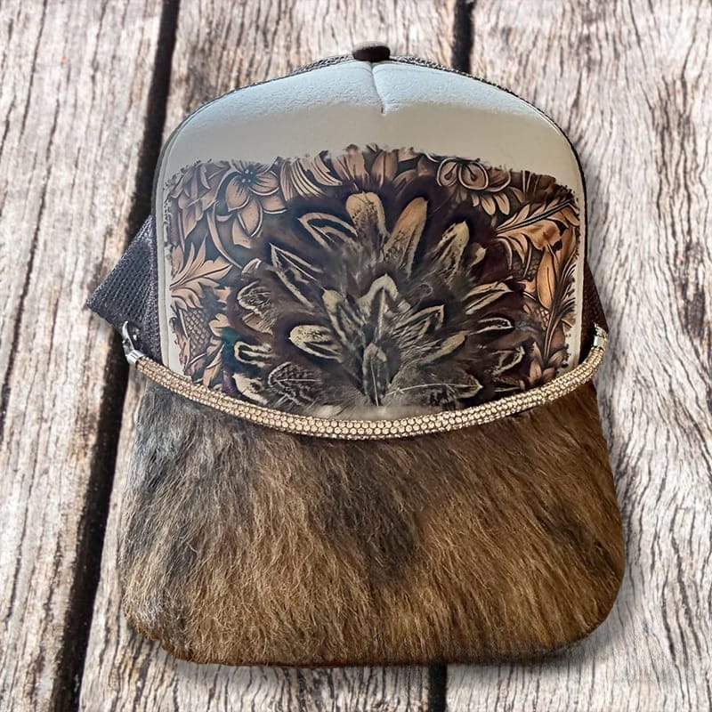 On A Whim Hats Classic Beauty Handmade Trucker Hat w/ Genuine Feather Patch and Cowhide Brim