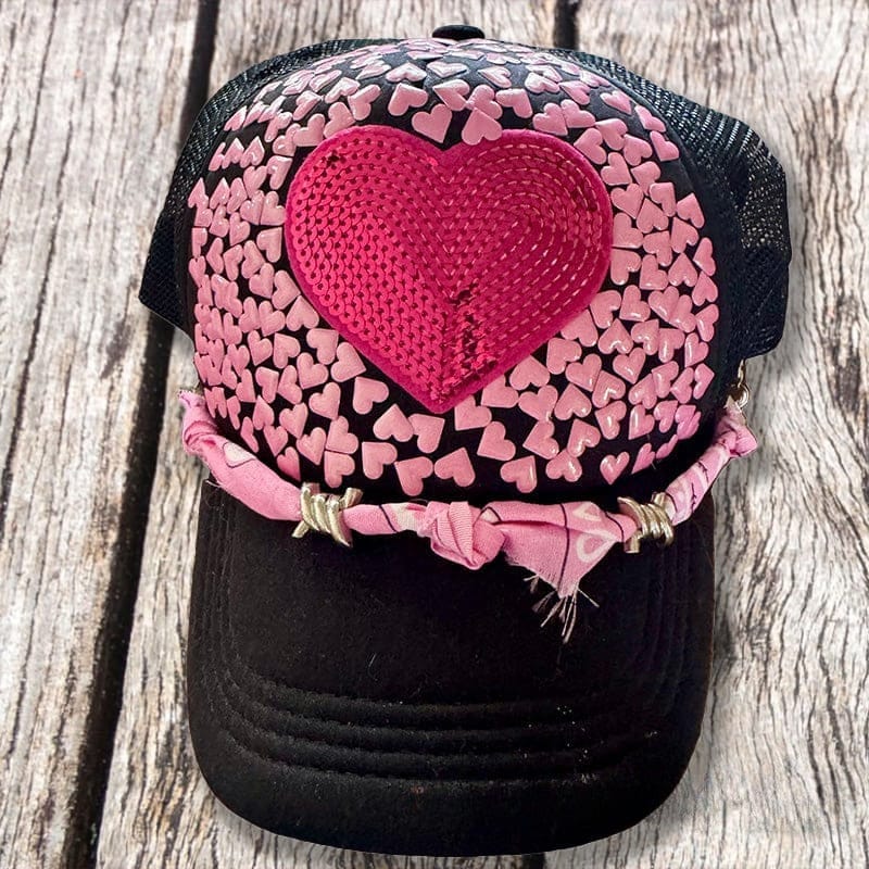 On A Whim Hats Cotton Candy Heart Handmade Trucker Hat with Bandana Hat Chain