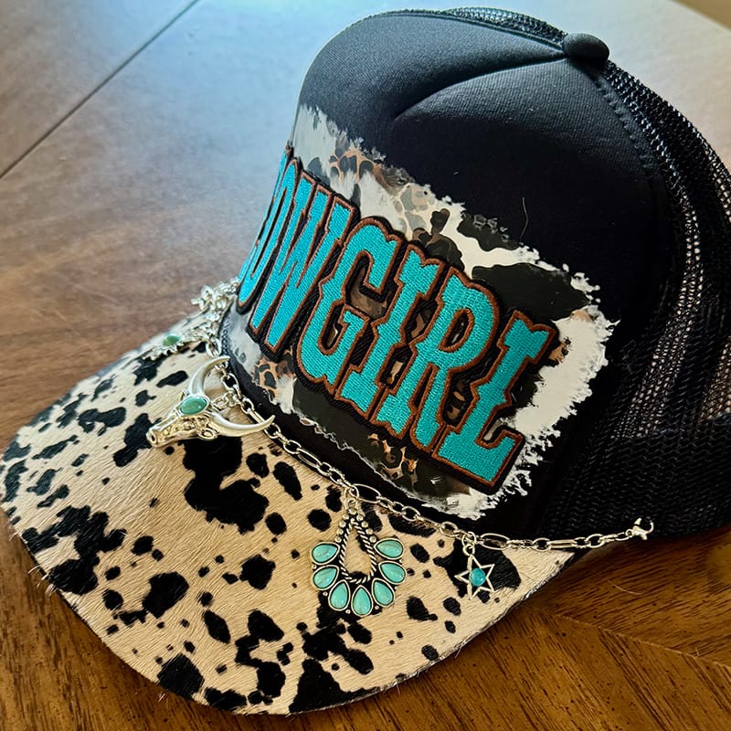 On A Whim Hats Cowgirl Handmade Trucker Hat with Genuine Cowhide Brim