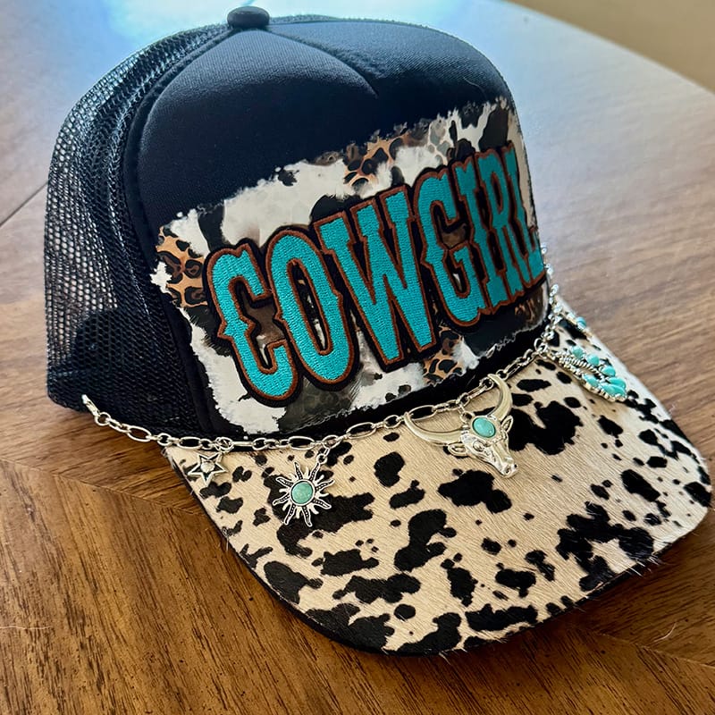 On A Whim Hats Cowgirl Handmade Trucker Hat with Genuine Cowhide Brim