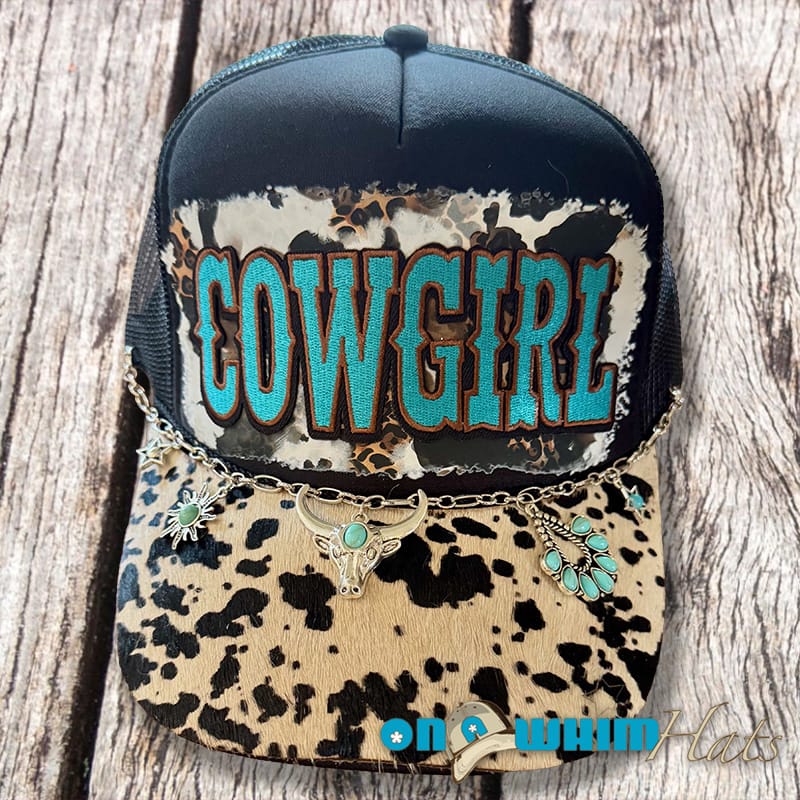 On A Whim Hats Cowgirl Handmade Trucker Hat with Genuine Cowhide Brim