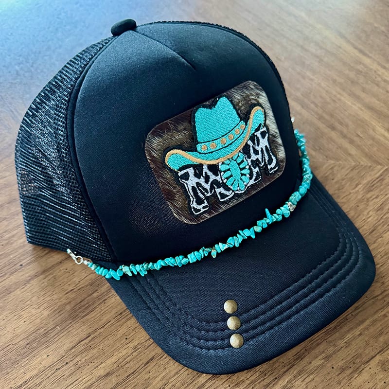 On A Whim Hats Cowgirl Mama Handmade Trucker Hat w/ Cowhide Patch