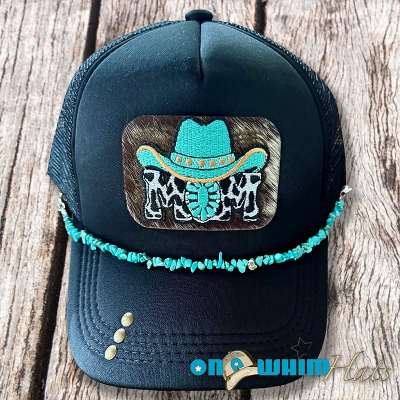 On A Whim Hats Cowgirl Mama Handmade Trucker Hat w/ Cowhide Patch