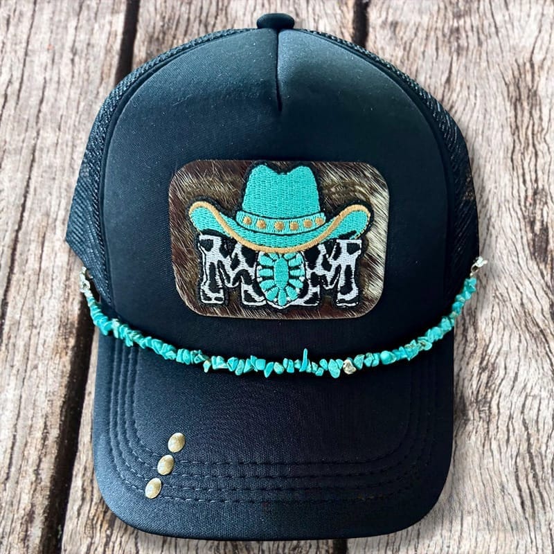 On A Whim Hats Cowgirl Mama Handmade Trucker Hat w/ Cowhide Patch