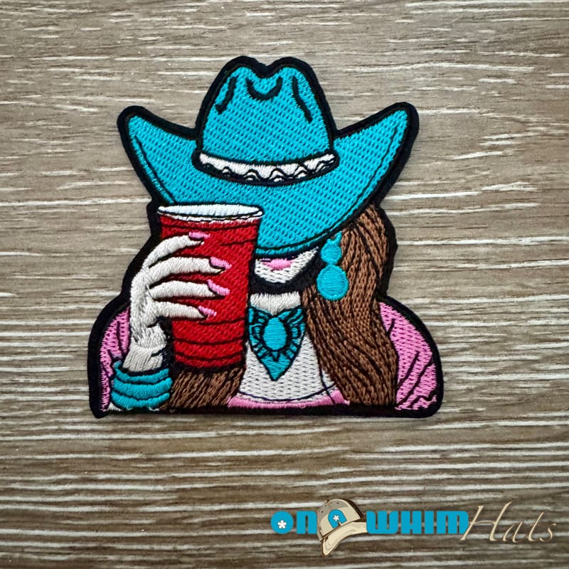 On A Whim Hats Cowgirl with Solo Cup Iron-On Patch