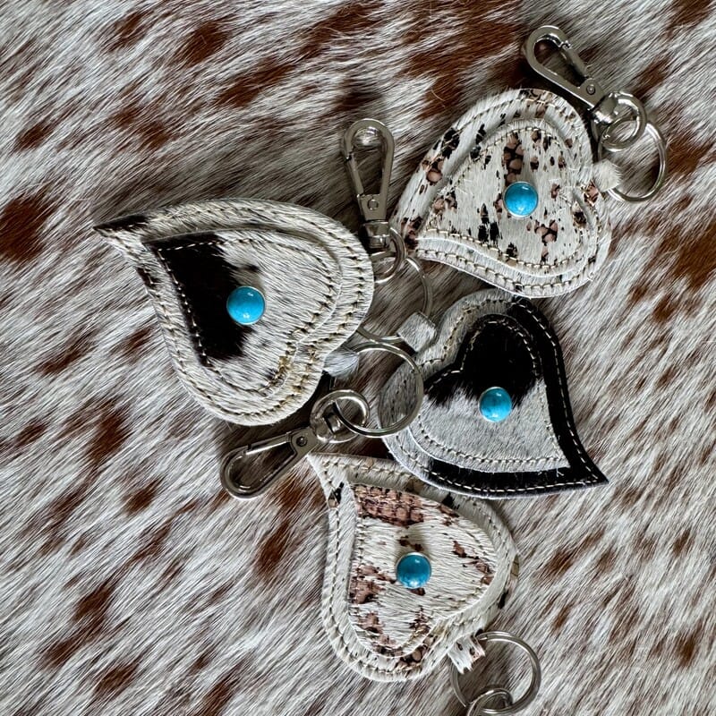 Genuine cowhide heart key fob shown with keyring by On A Whim Hats