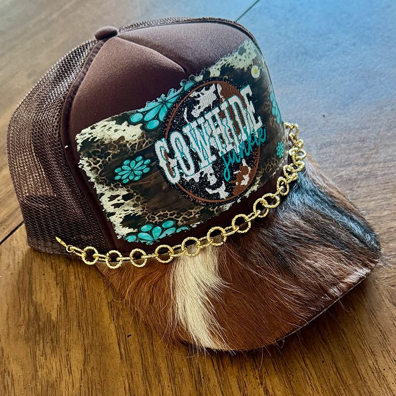 On A Whim Hats Cowhide Junkie Handmade Trucker Hat with Genuine Cowhide Brim