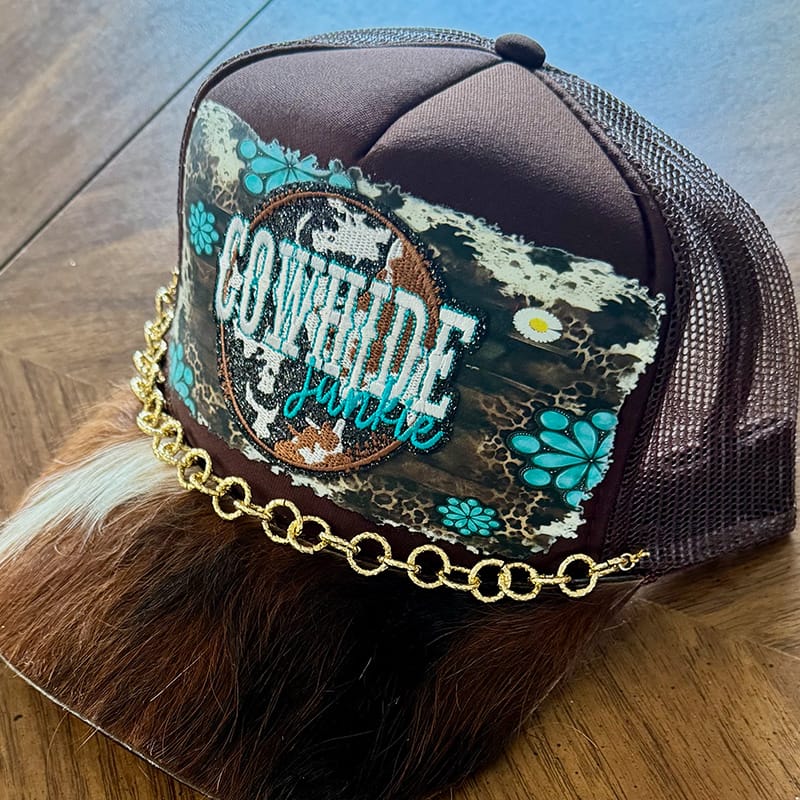 On A Whim Hats Cowhide Junkie Handmade Trucker Hat with Genuine Cowhide Brim