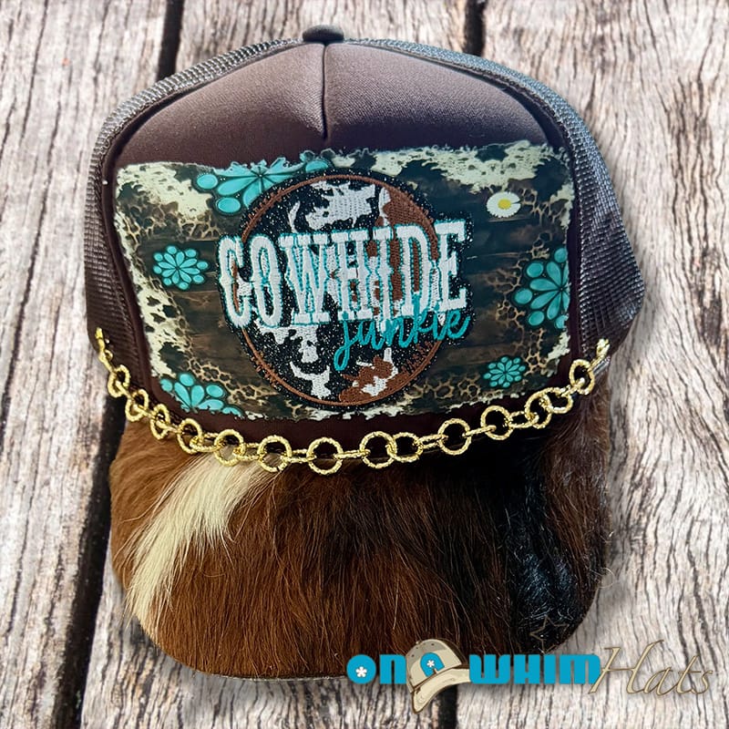 On A Whim Hats Cowhide Junkie Handmade Trucker Hat with Genuine Cowhide Brim