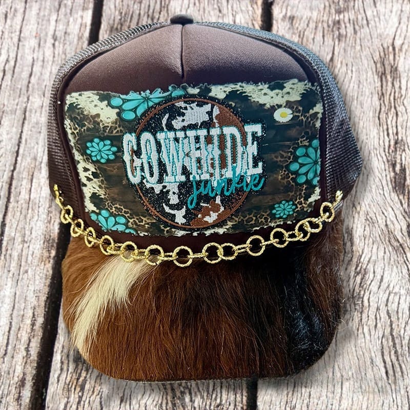 On A Whim Hats Cowhide Junkie Handmade Trucker Hat with Genuine Cowhide Brim
