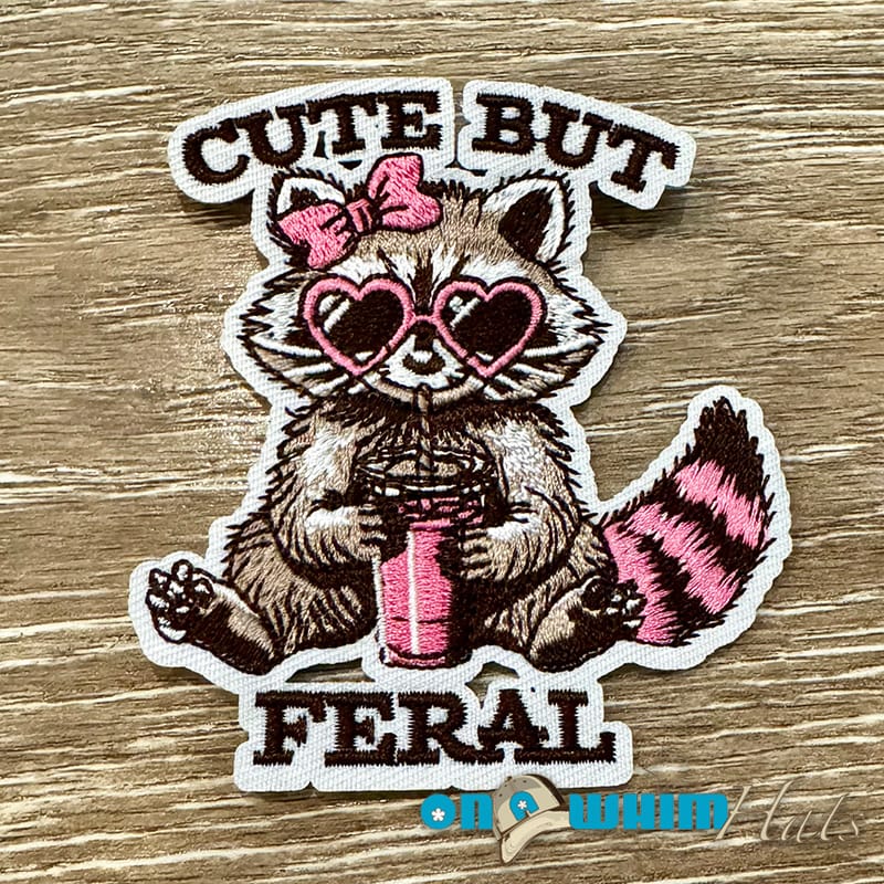 On A Whim Hats Cute But Feral Raccoon Iron-On Patch