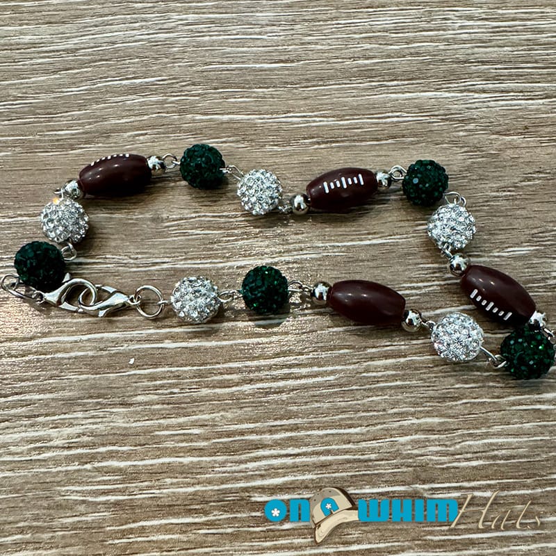 On A Whim Hats Dark Green and Silver Sparkly Football Hat Chain