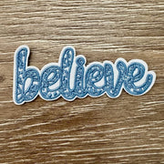 On A Whim Hats Denim Blue Believe Embroidered Iron-On Patch