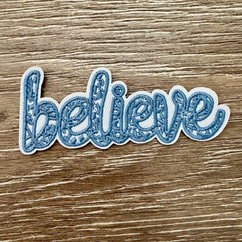 On A Whim Hats Denim Blue Believe Embroidered Iron-On Patch