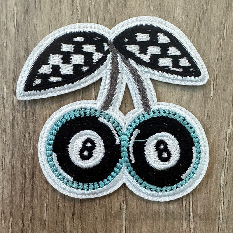On A Whim Hats Eightball Cherry Embroidered Iron-On Patch