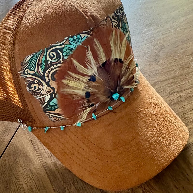 On A Whim Hats Feather Me Up Handmade Vegan Suede Trucker Hat w/ Genuine Feather Patch
