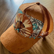 On A Whim Hats Feather Me Up Handmade Vegan Suede Trucker Hat w/ Genuine Feather Patch