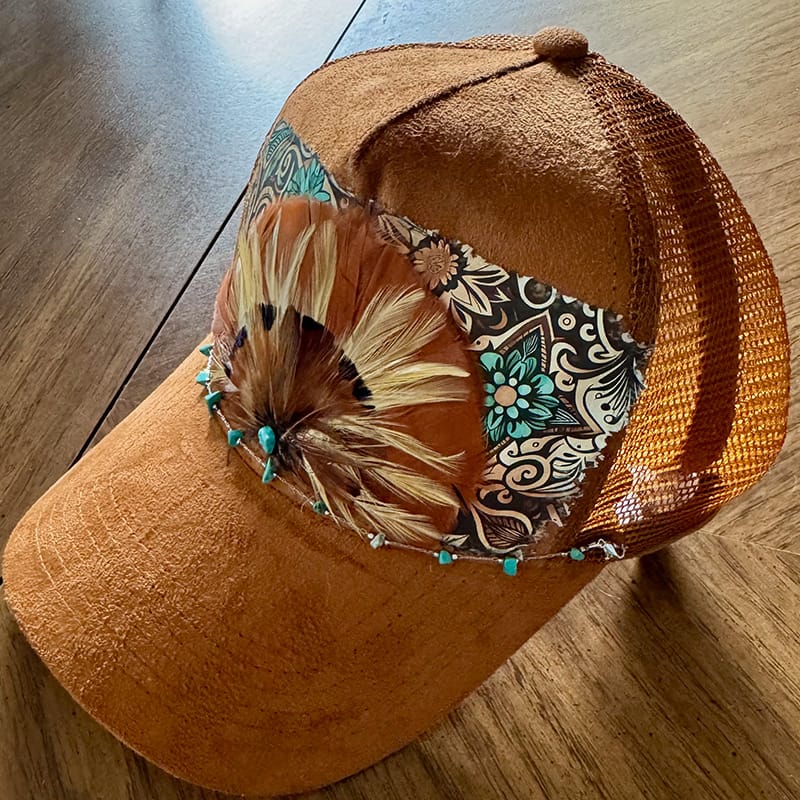 On A Whim Hats Feather Me Up Handmade Vegan Suede Trucker Hat w/ Genuine Feather Patch