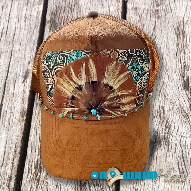 On A Whim Hats Feather Me Up Handmade Vegan Suede Trucker Hat w/ Genuine Feather Patch