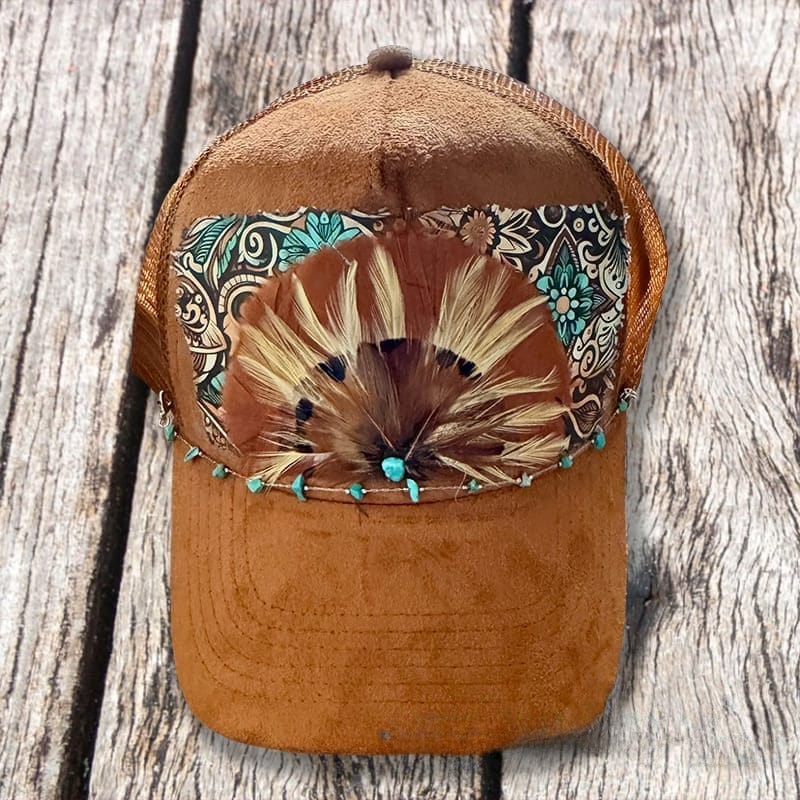 On A Whim Hats Feather Me Up Handmade Vegan Suede Trucker Hat w/ Genuine Feather Patch