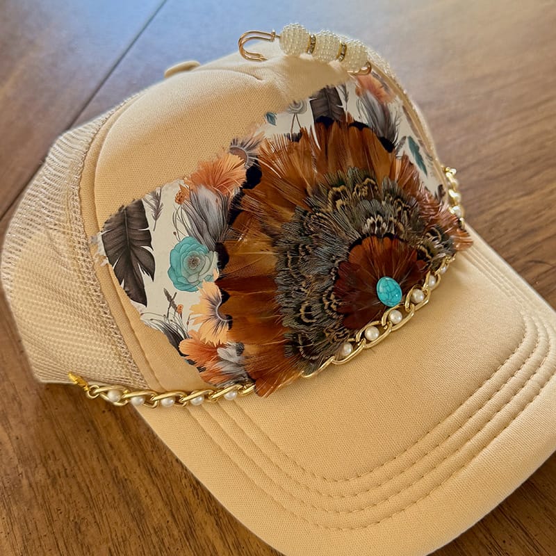 On A Whim Hats Feathers Handmade Trucker Hat w/ Genuine Feather Patch