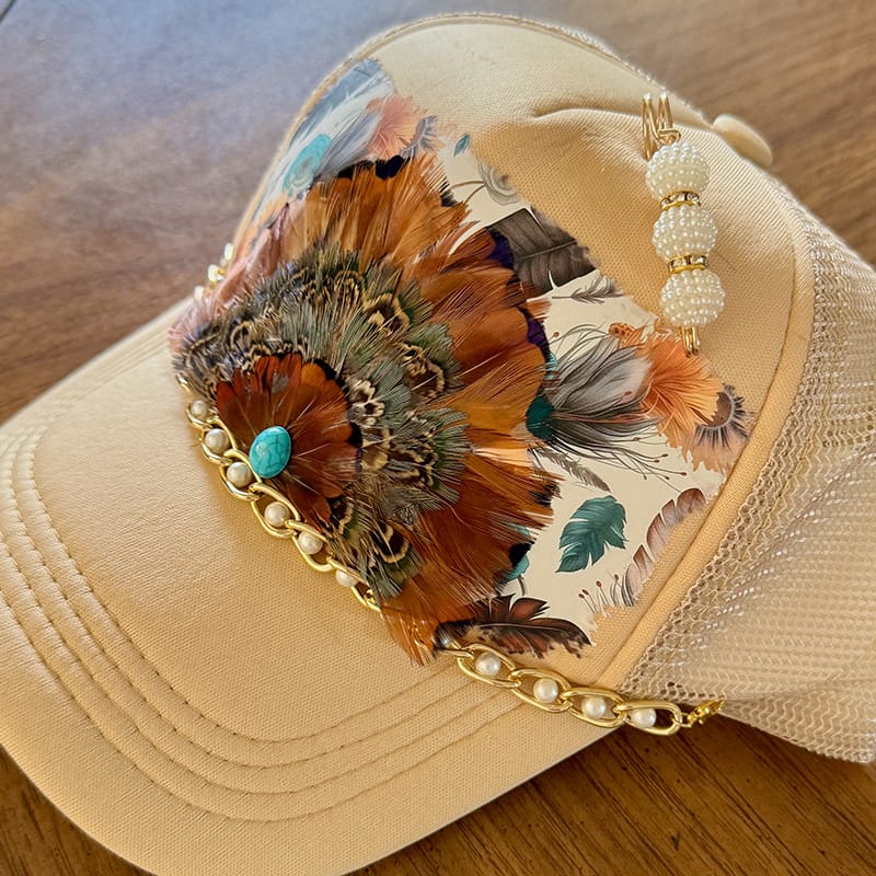 On A Whim Hats Feathers Handmade Trucker Hat w/ Genuine Feather Patch